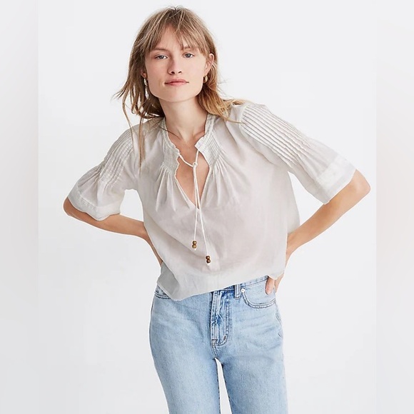Madewell x Warm Pintuck Tie-Neck Top/White, 33882 - Picture 2 of 14
